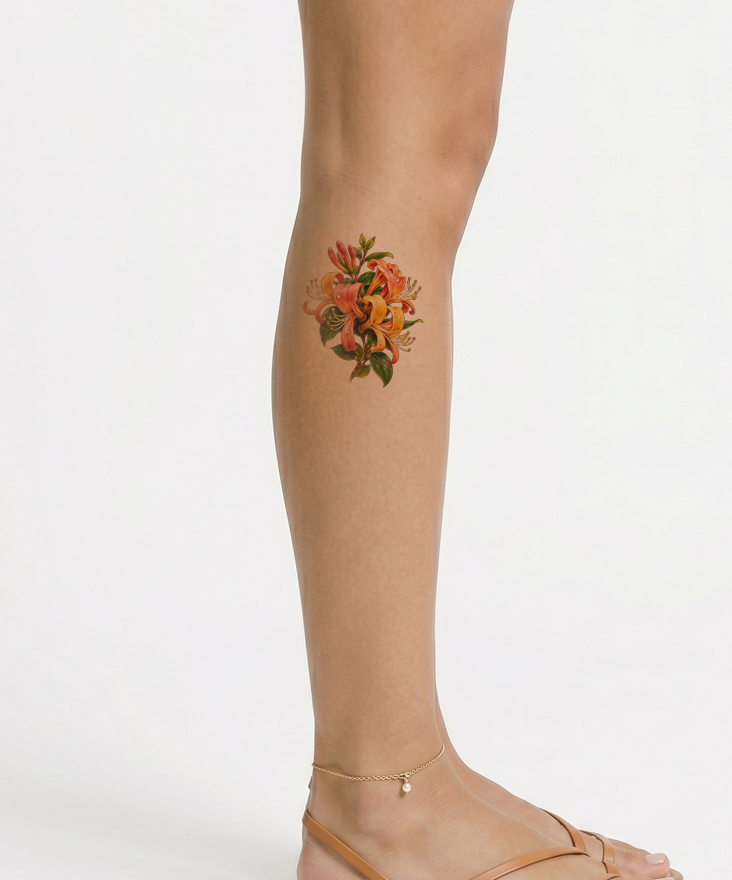 Desenho de tatuagem de madressilva coral com orvalho