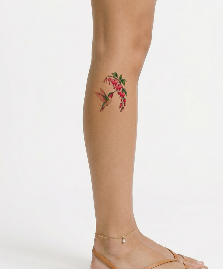 Tatuaggio watercolor colibrì con fiori cuore sanguinante