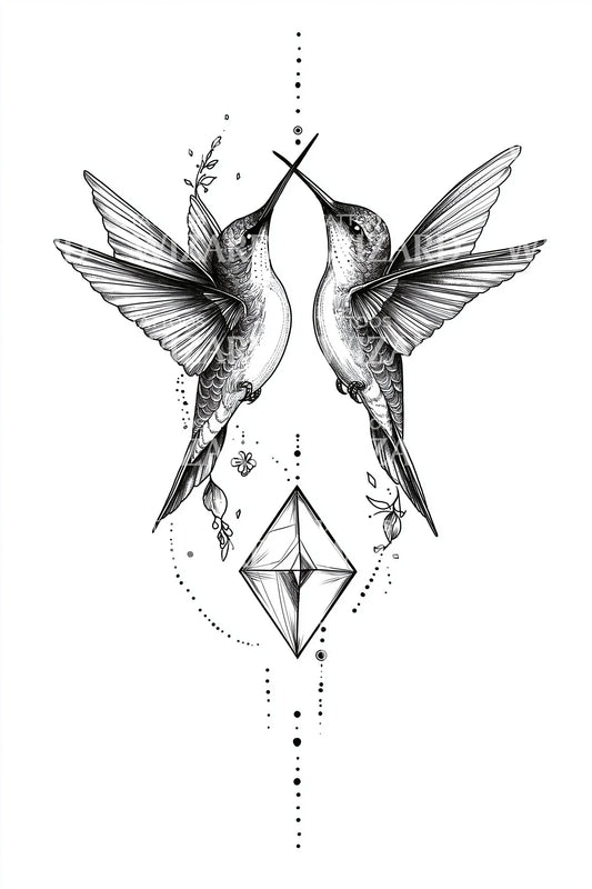 Hummingbirds with Crystal Tattoo Design