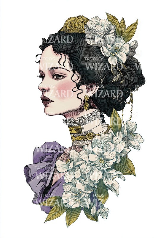 Design del tatuaggio ritratto della fanciulla Ortensia