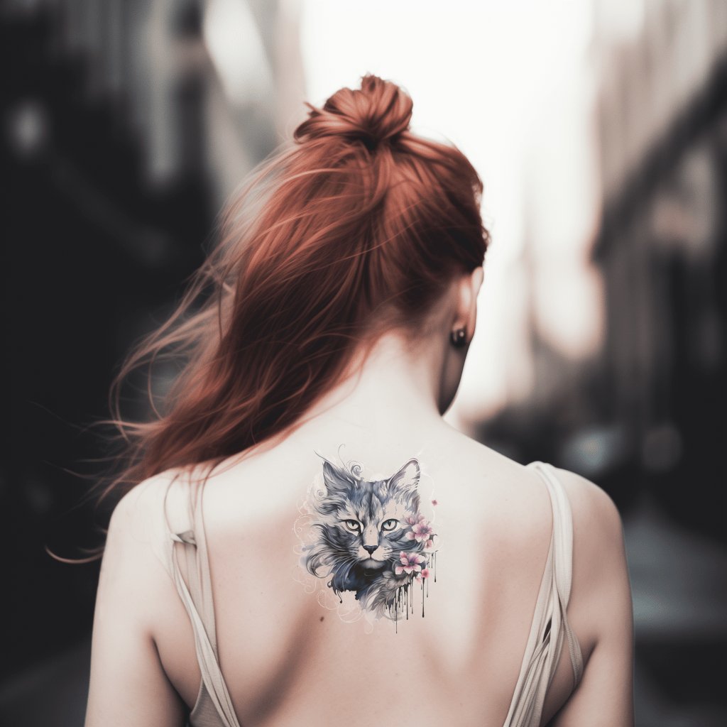 Illustrative Cat Portrait with Flowers Tattoo Design