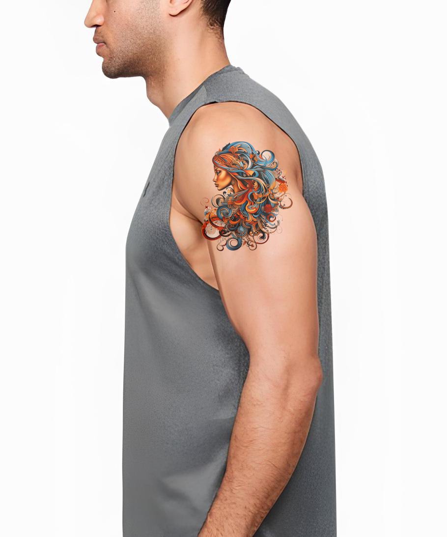 Woman with Colorful Magical Hair Tattoo Design