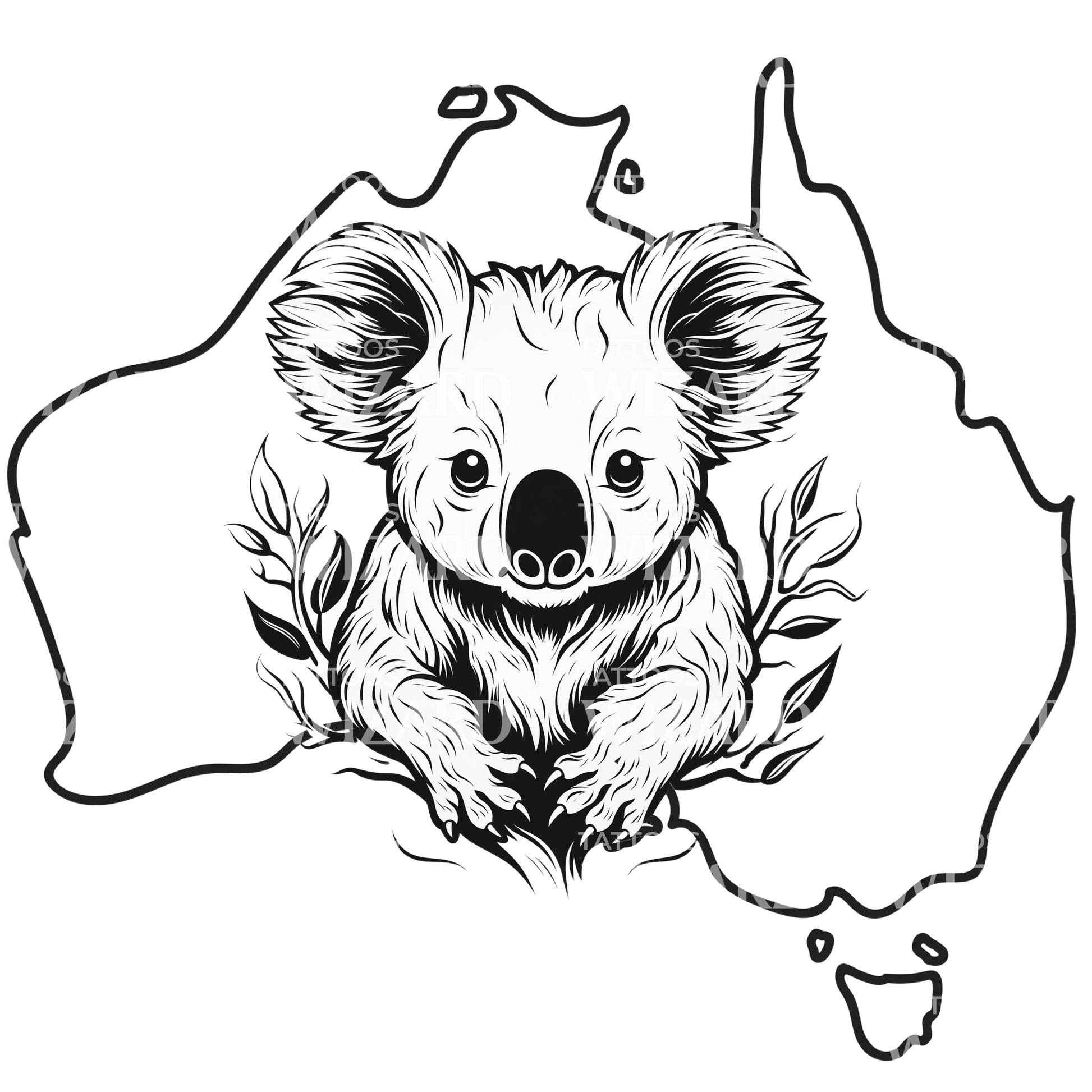 Independent Koala With Australia Map Tattoo Design