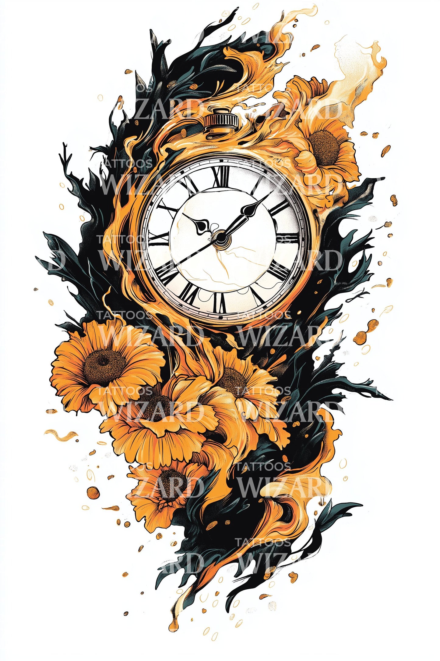 Diseño de tatuaje de reloj flor de infierno