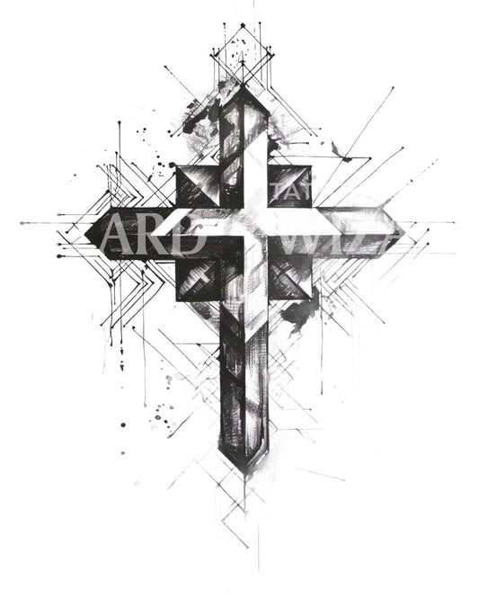 Ink Black and Grey Cross Geometric Tattoo Design