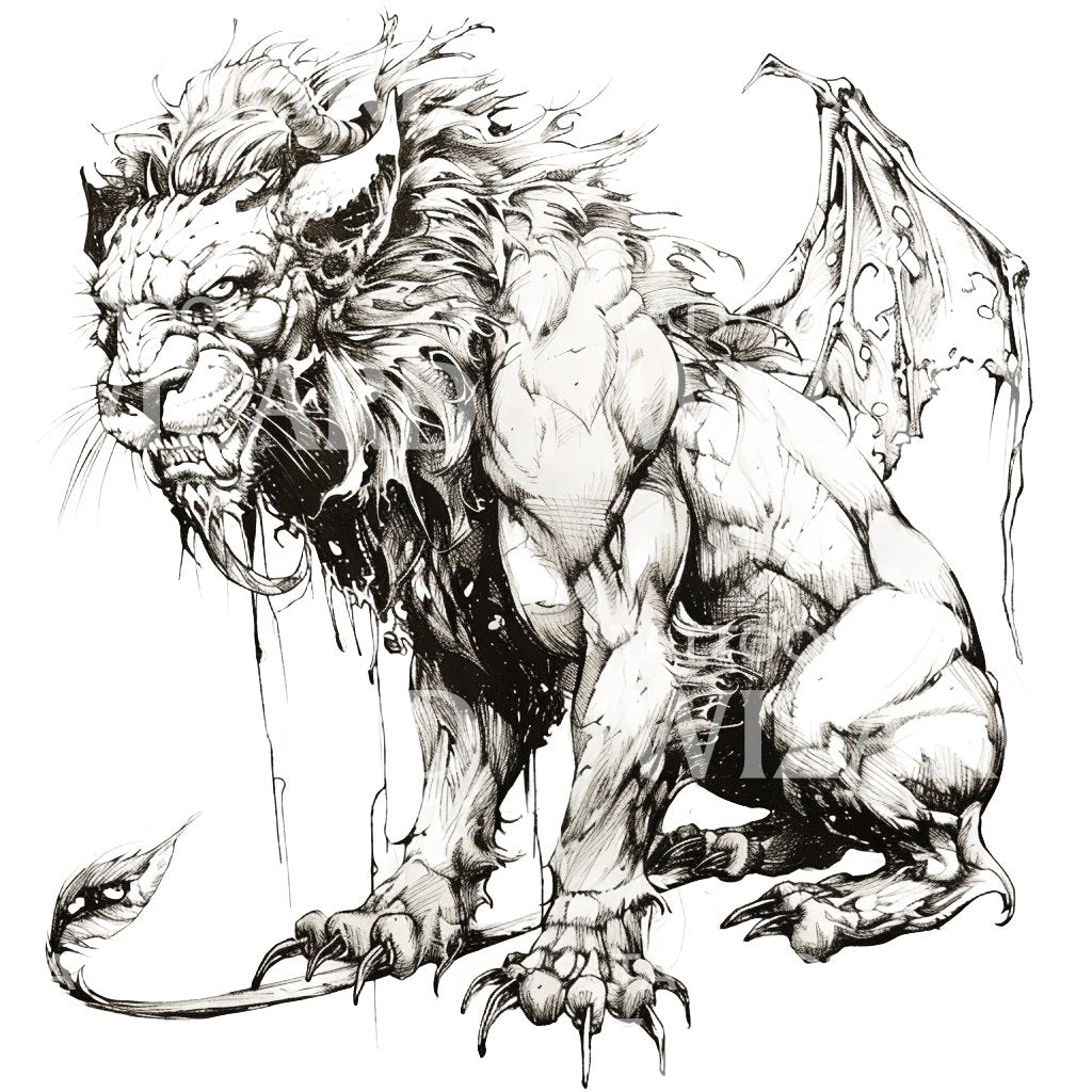 Ink Black and Grey Mythological Manticore Tattoo Design