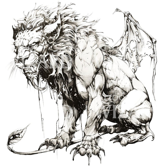 Ink Black and Grey Mythological Manticore Tattoo Design