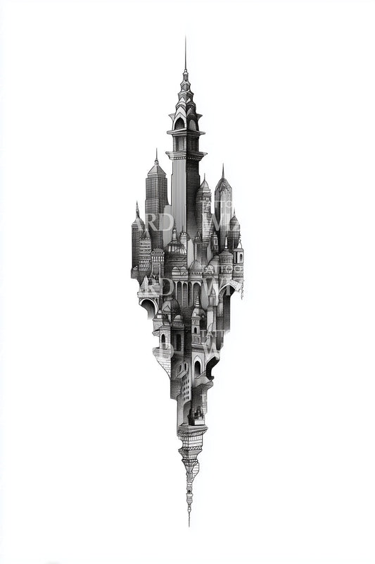 Inverted Spire Cityscape Tattoo Design