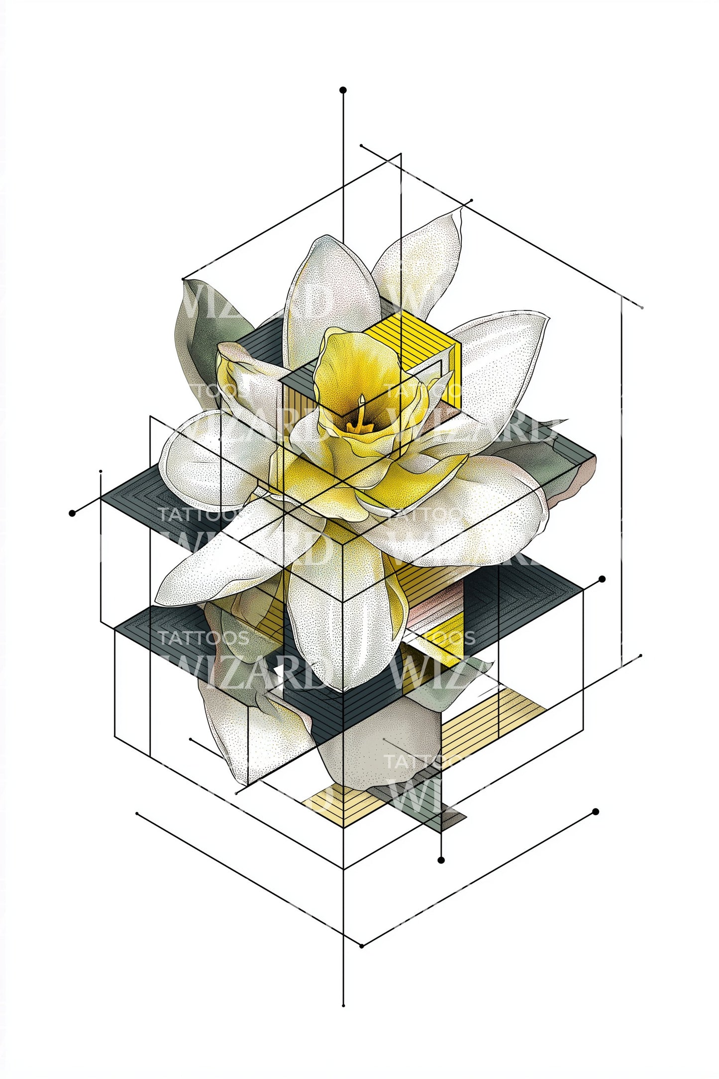 Изометрический дизайн татуировки куба с нарциссом