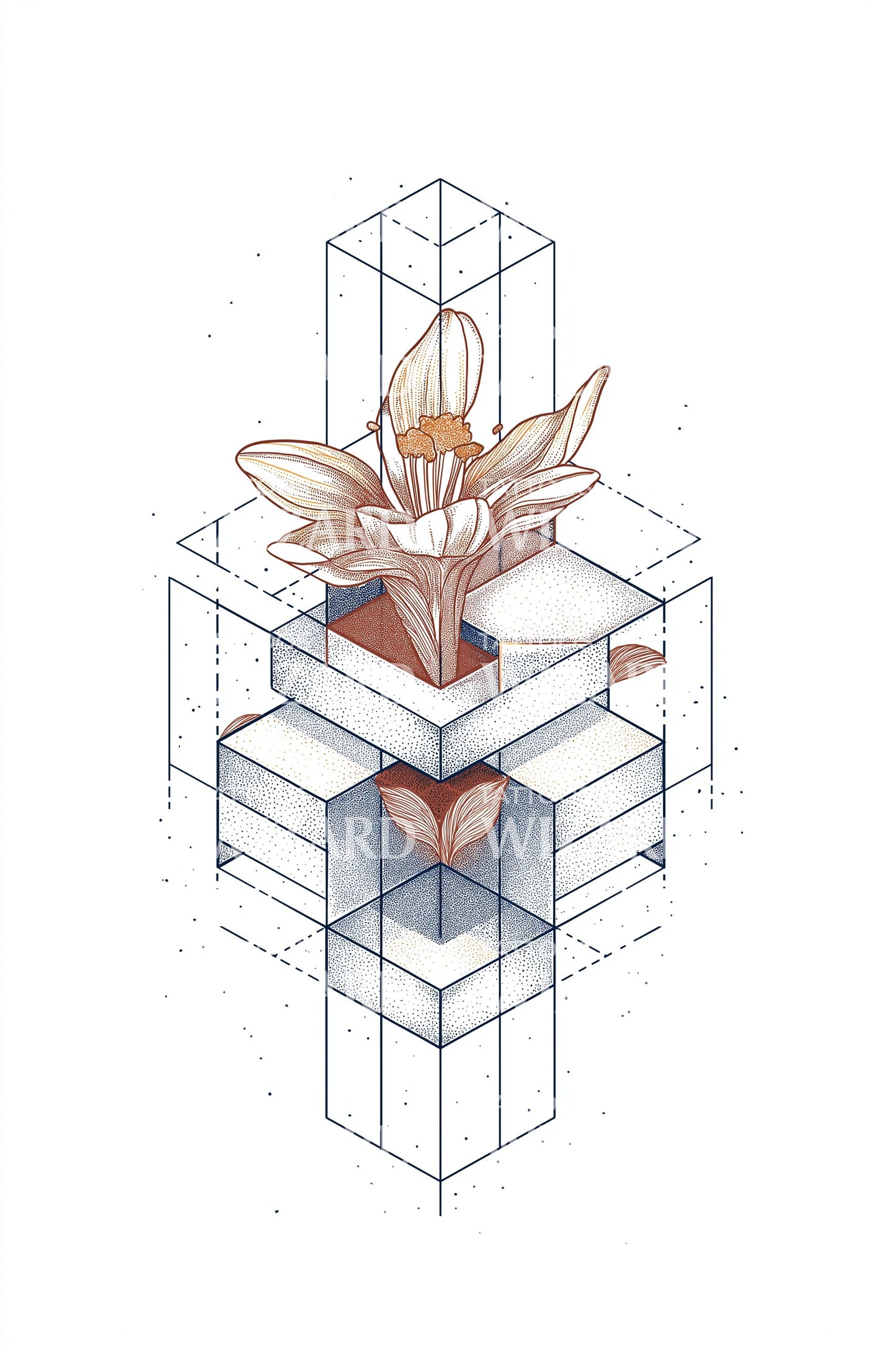 Isometric Daffodil Cube Tattoo Design