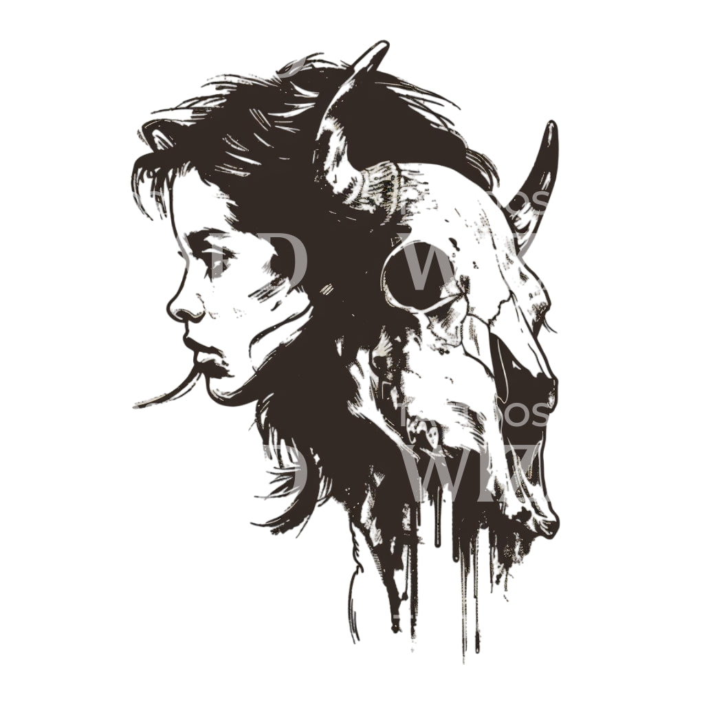 Devil Woman and Bull Skull Tattoo Design