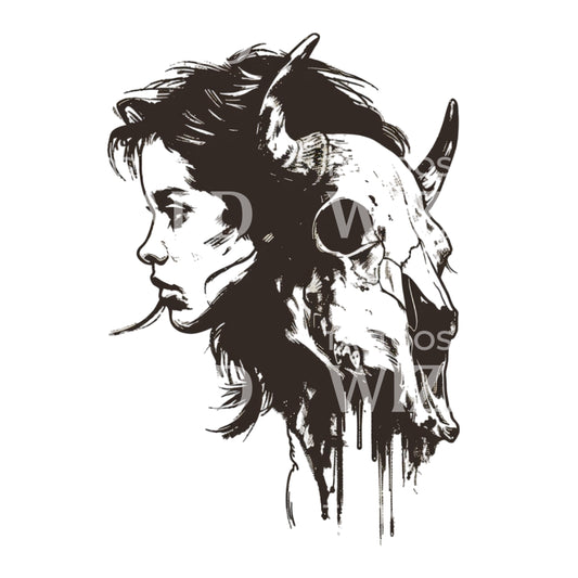 Devil Woman and Bull Skull Tattoo Design