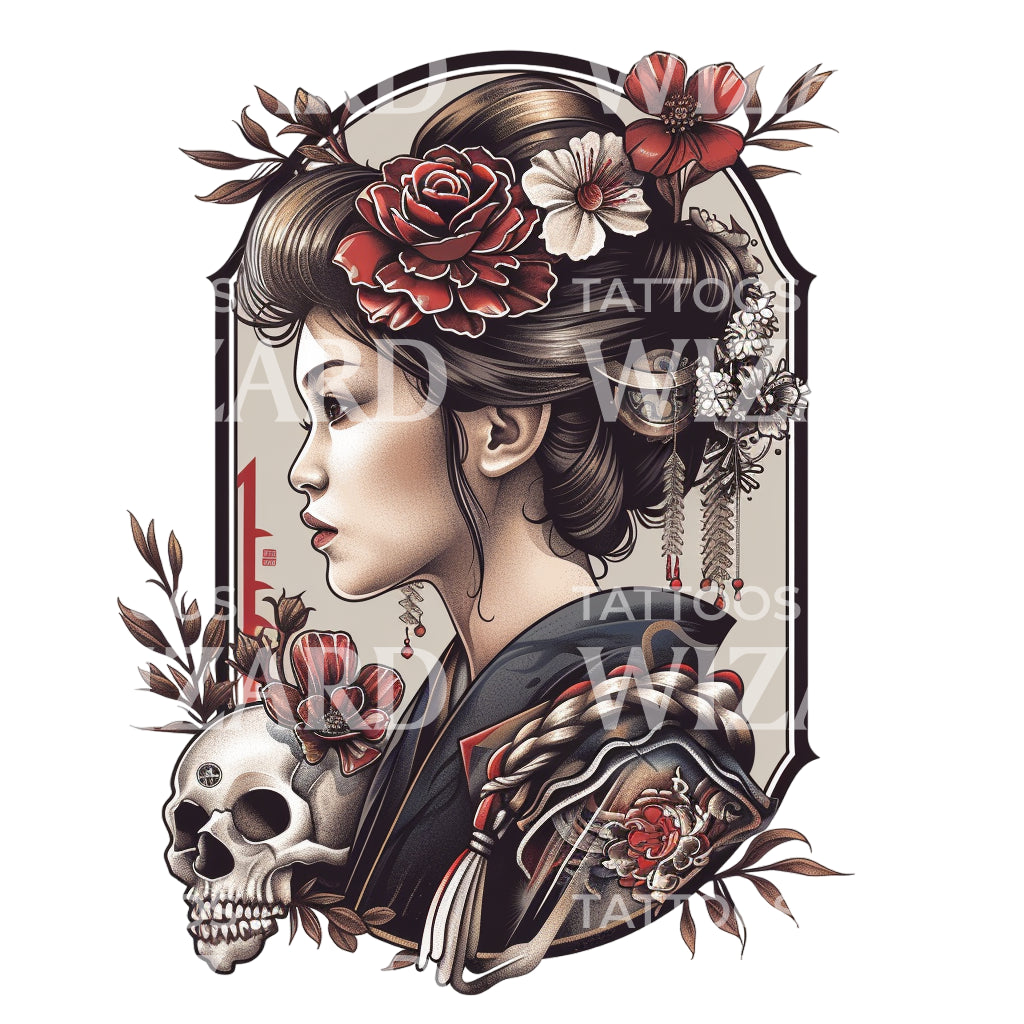 Japanese Geisha and Skull Tattoo Design