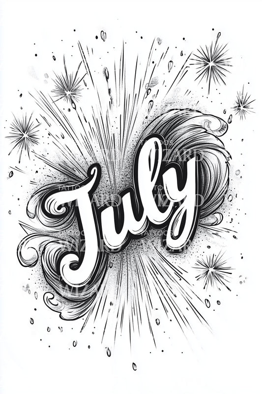 July Explosive Burst Lettering Tattoo Design
