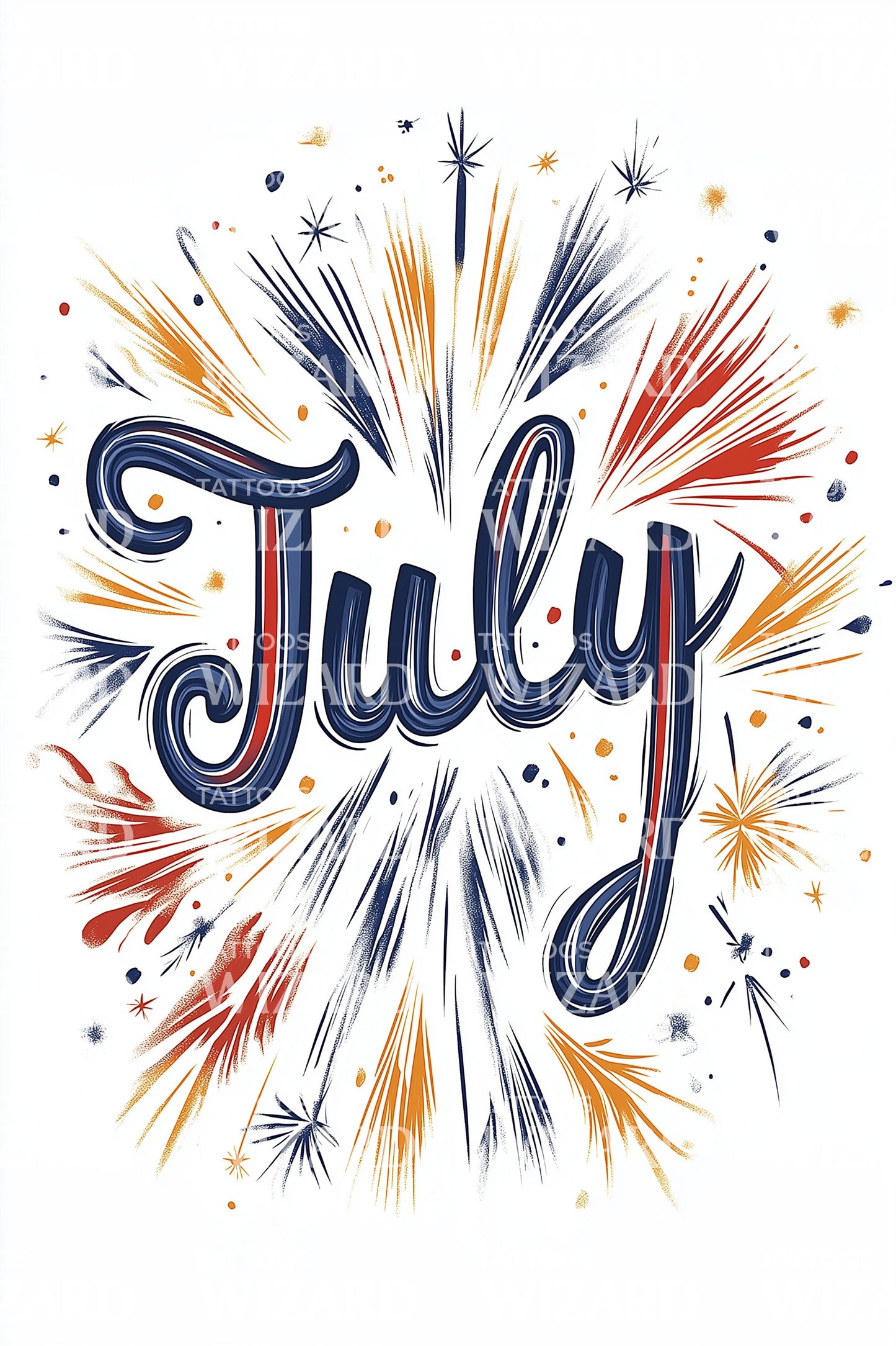 July Multicolor Fireworks Lettering Tattoo Design