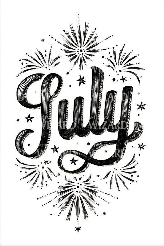 July Radiant Starburst Script Tattoo Design