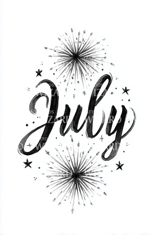 July Spark Starburst Calligraphy Tattoo Idea