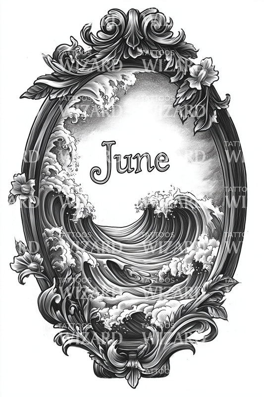 June Baroque Ocean Frame Tattoo Design