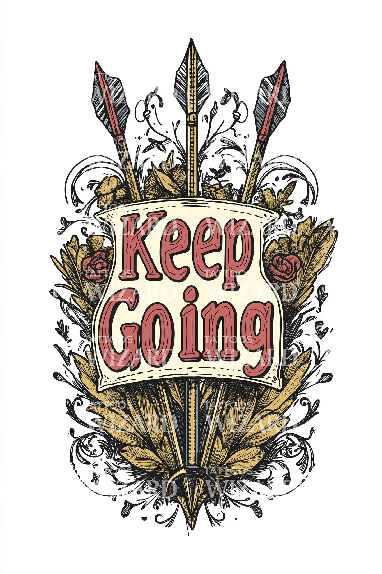 Keep Going Vintage Crest Tattoo Design