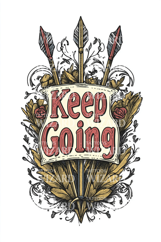 Keep Going Vintage Crest Tattoo Design