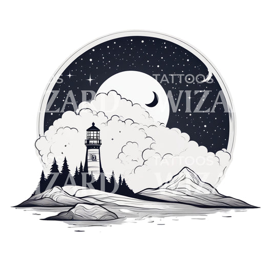 Landscape with a Lighthouse Moon Clouds and Trees Tattoo Design
