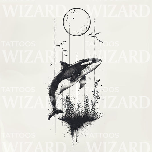 Killer Whale under Moonlight Tattoo Design
