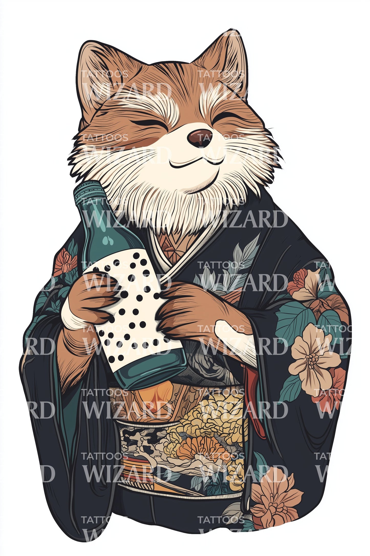 Kimono Fox Tea Tattoo Illustration