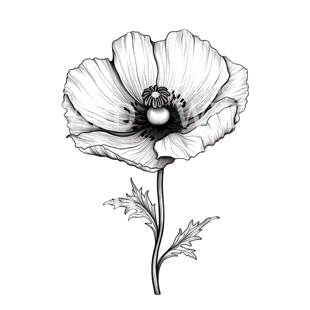 Black and Grey Poppy Flower Tattoo Design