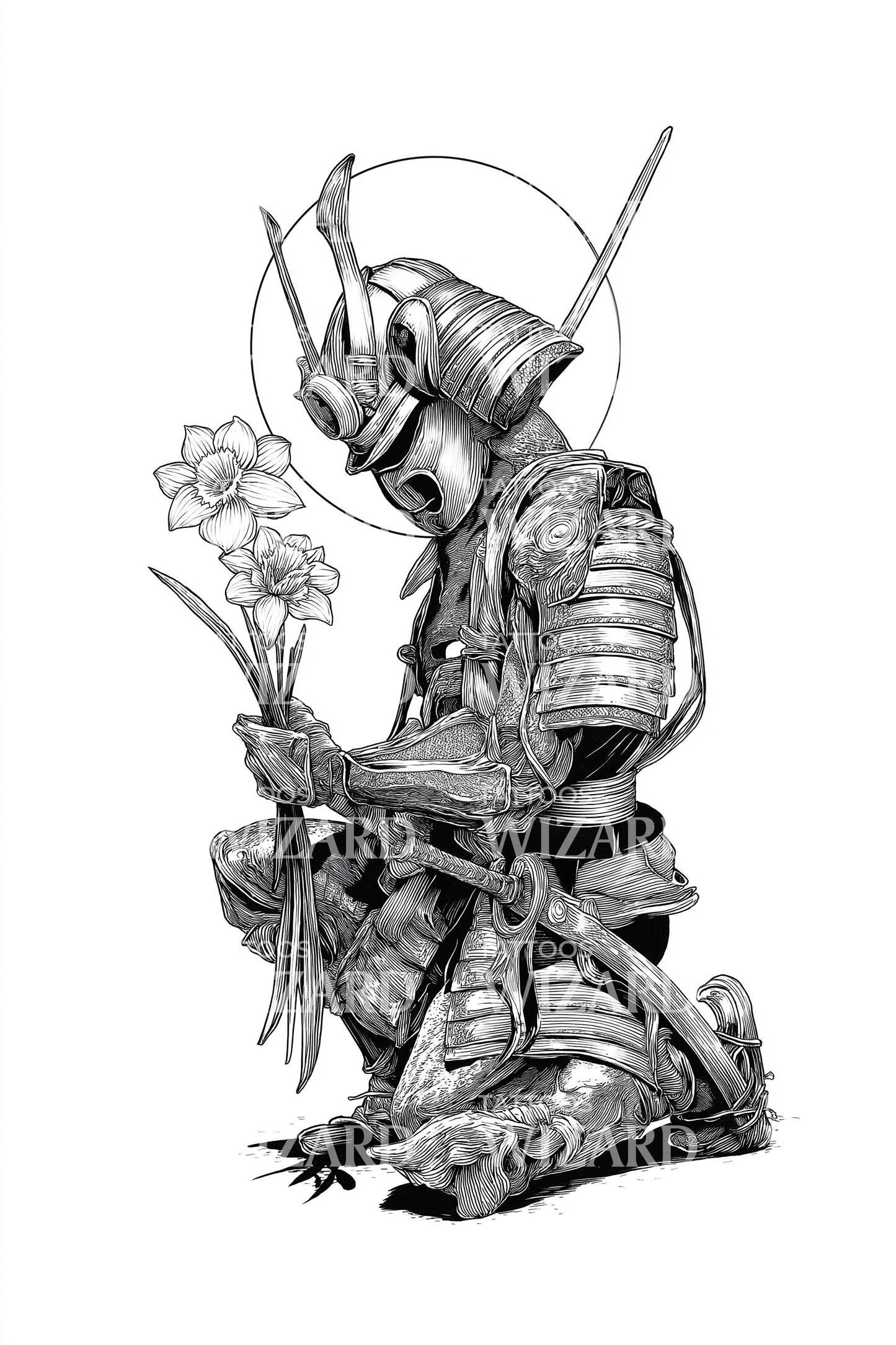 Knästående Ronin Blomma Tatuering Design