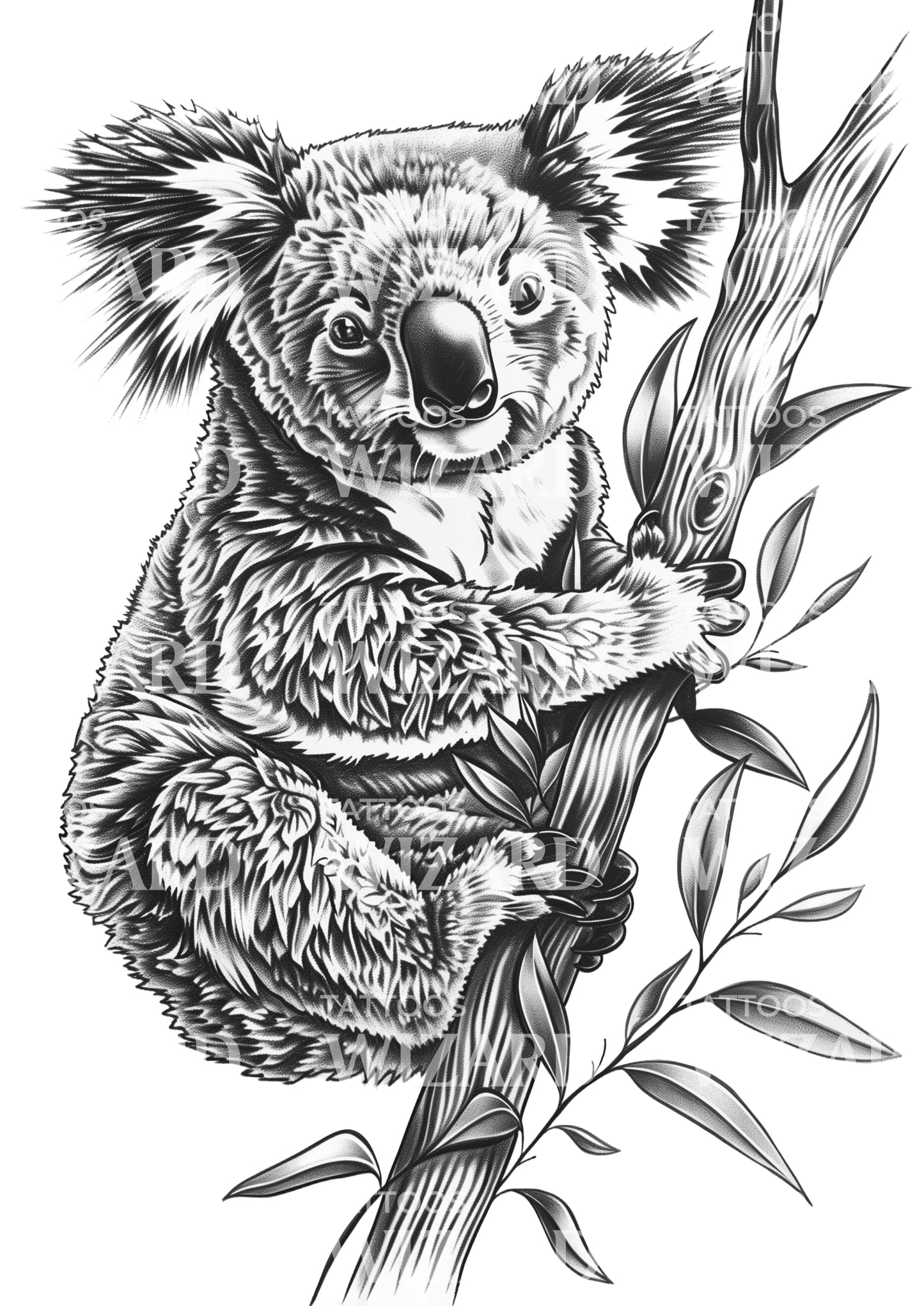Koala Climbing Eucalyptus Tree Tattoo Design