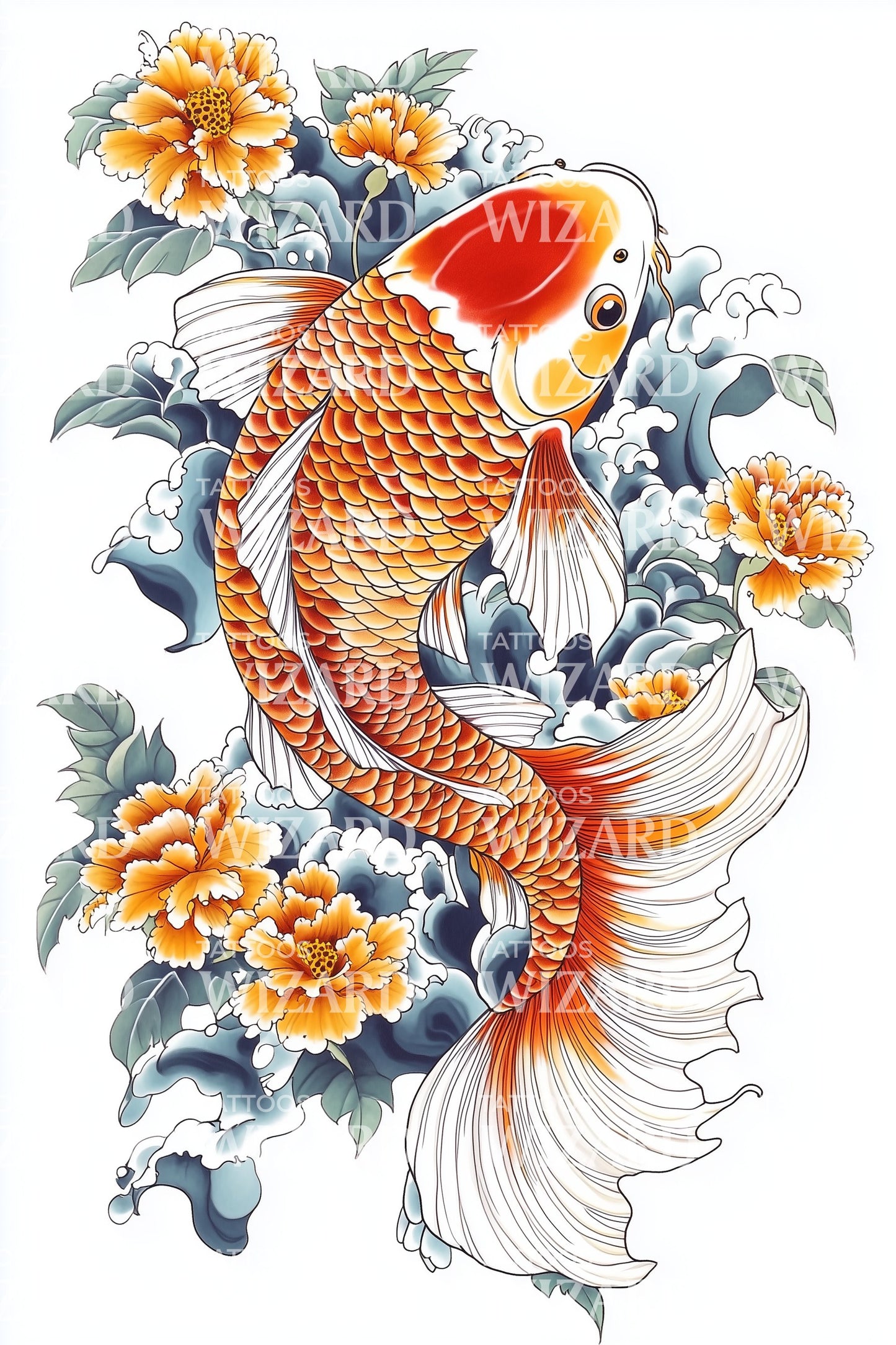 Desenho de Tatuagem de Corrente de Calêndula Koi