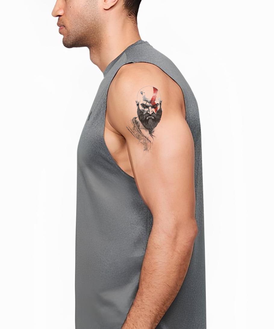 Idée de tatouage en dotwork de Kratos aguerri au combat