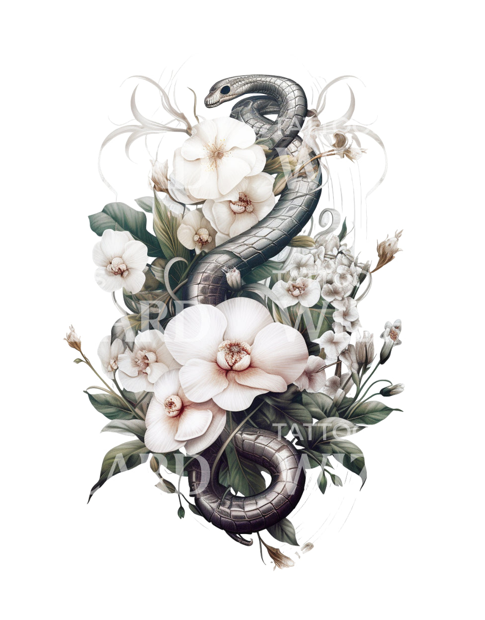 plant and snake tattoo Snake with Orchids Tattoo Design