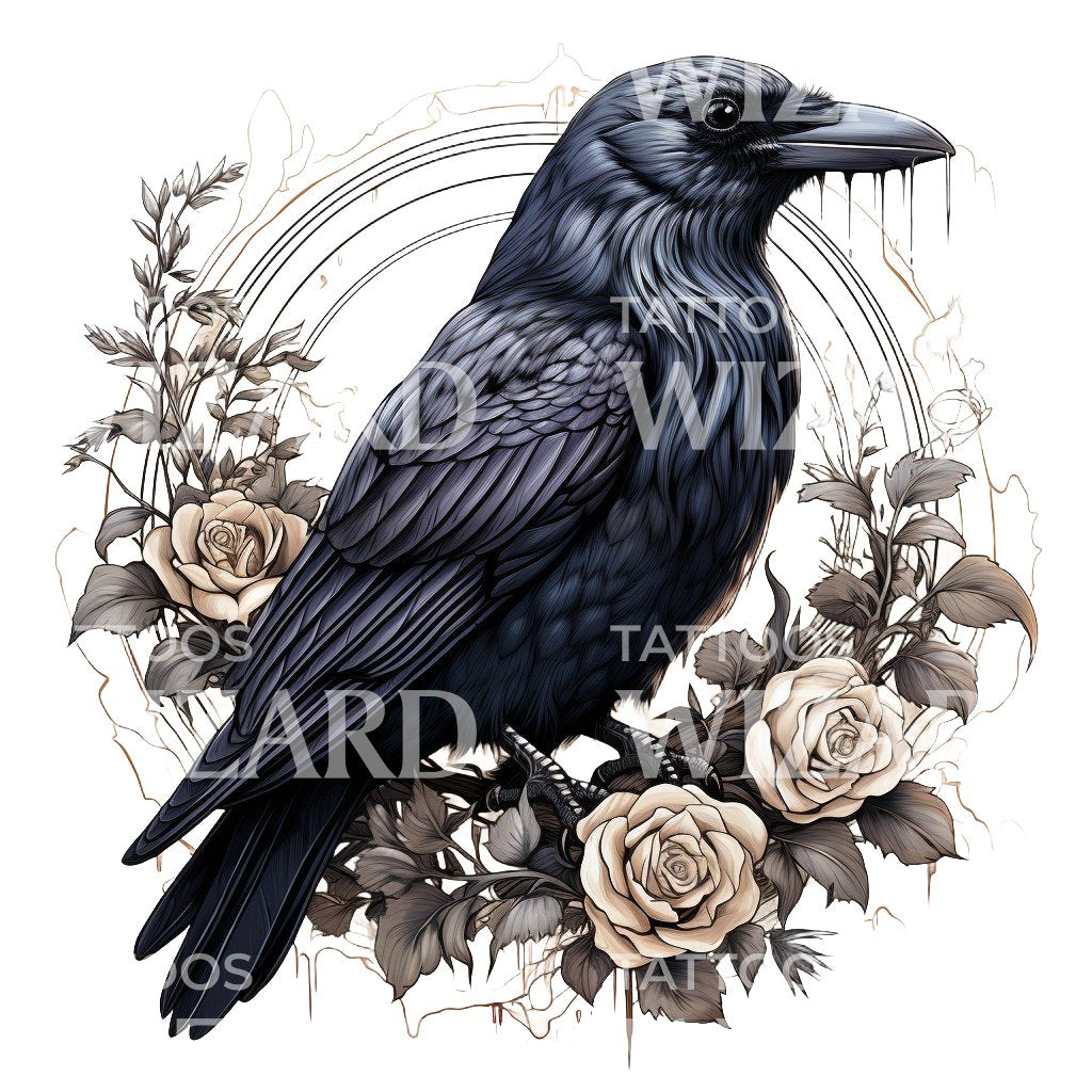 Neo Traditional Raven and Roses Tattoo Design