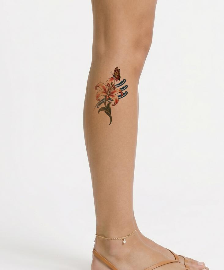 Design di tatuaggio con giglio giapponese e farfalla