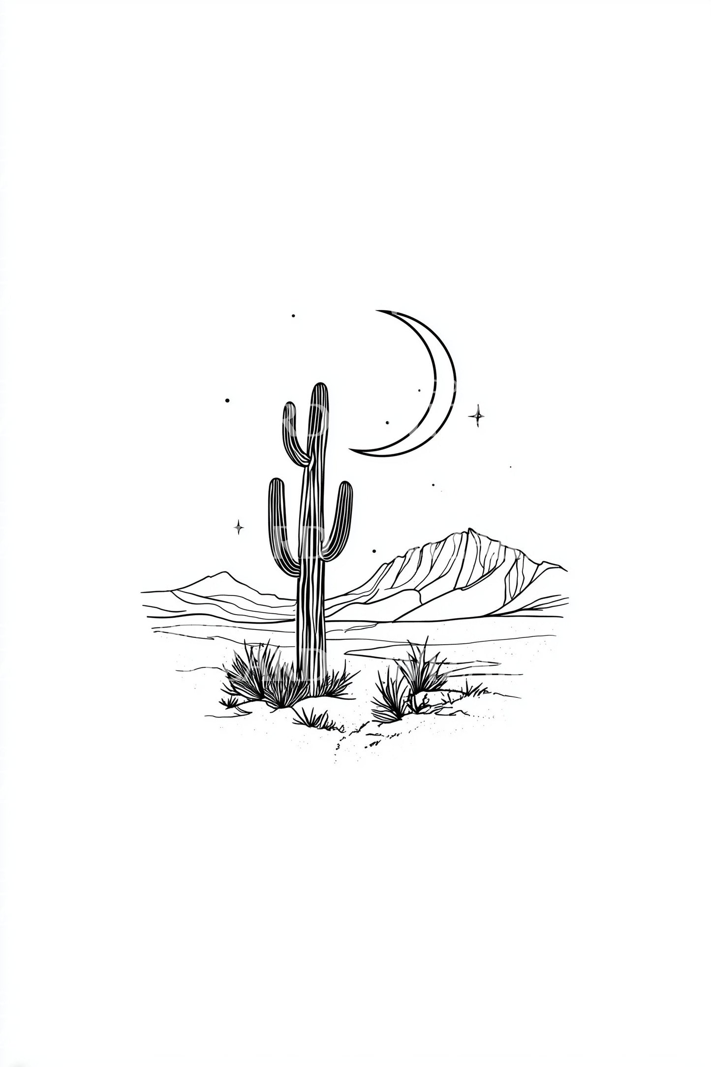 Lone Cactus Crescent Night Tattoo Design