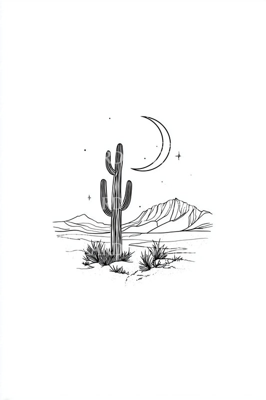 Lone Cactus Crescent Night Tattoo Design