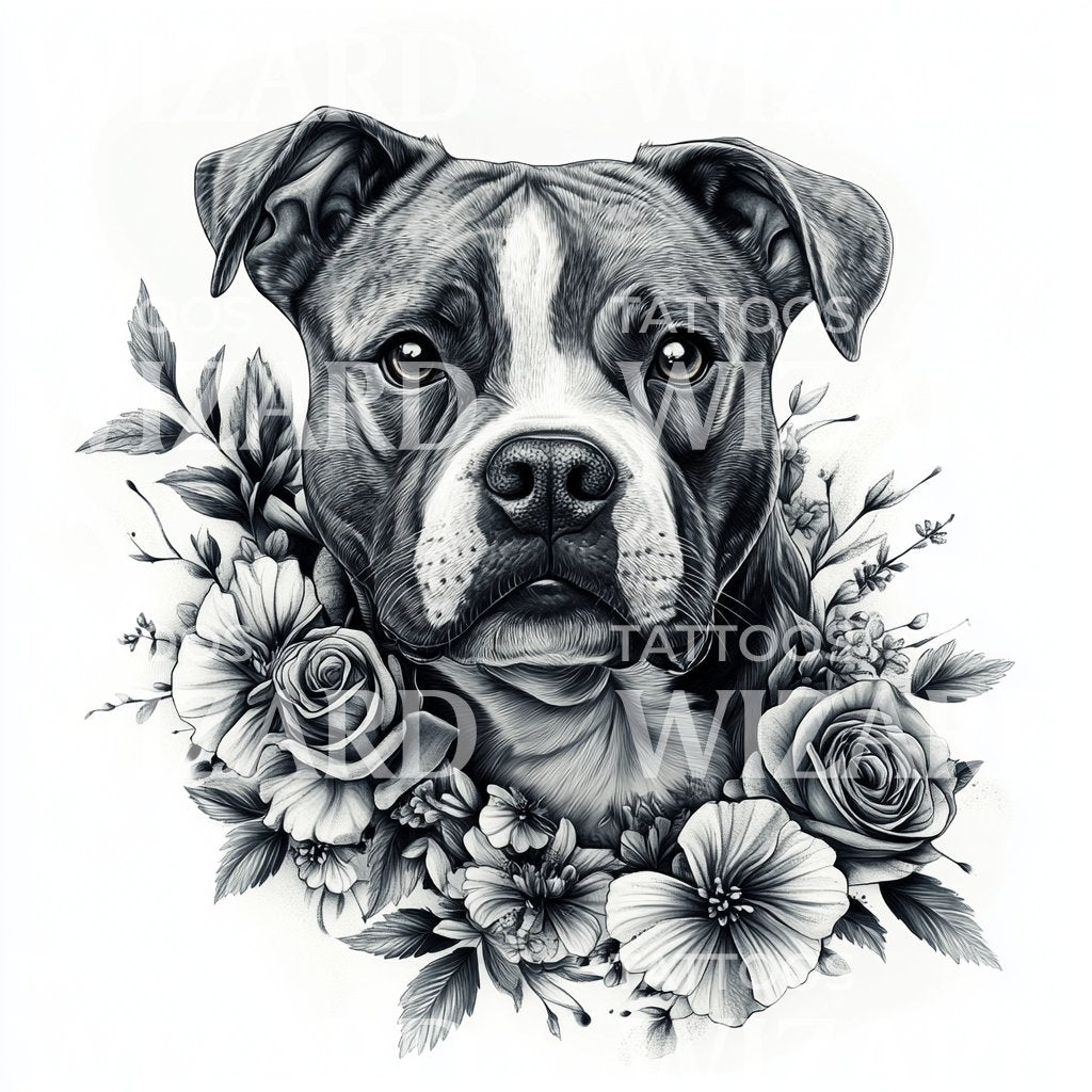 Loyaler Staffy-Hund mit floralen Akzenten Tattoo-Idee