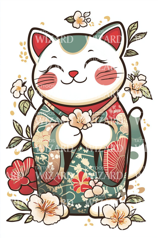 幸运招财猫纹身设计
