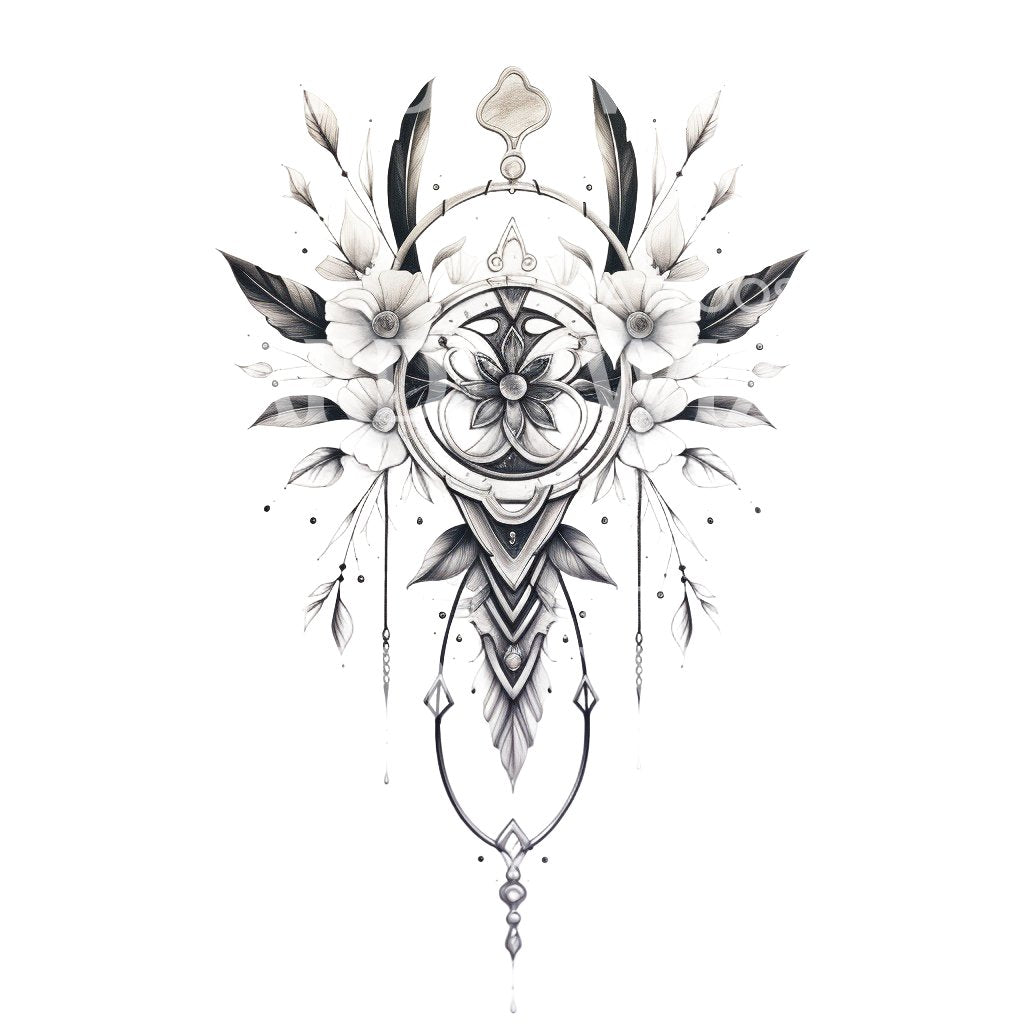 Ornamental Feathers and Flowers Tattoo Design