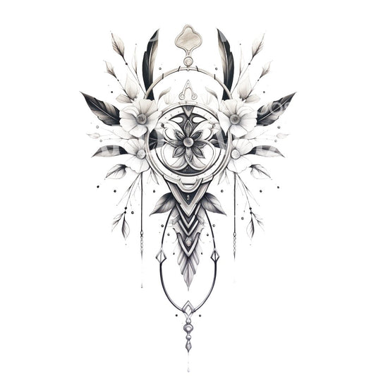 Ornamental Feathers and Flowers Tattoo Design