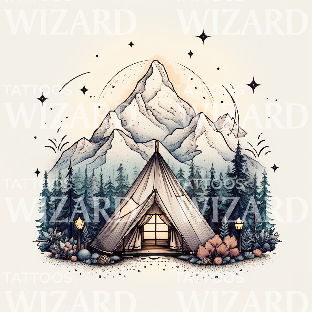Tent in a Pine Tree Forest Tattoo Design