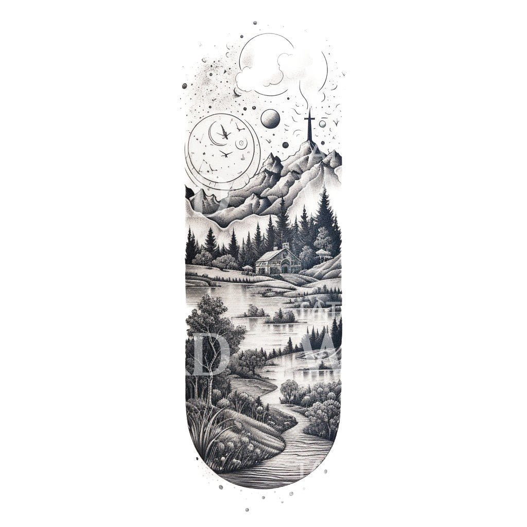 Dotwork Mountain Landscape Nature Tattoo Design