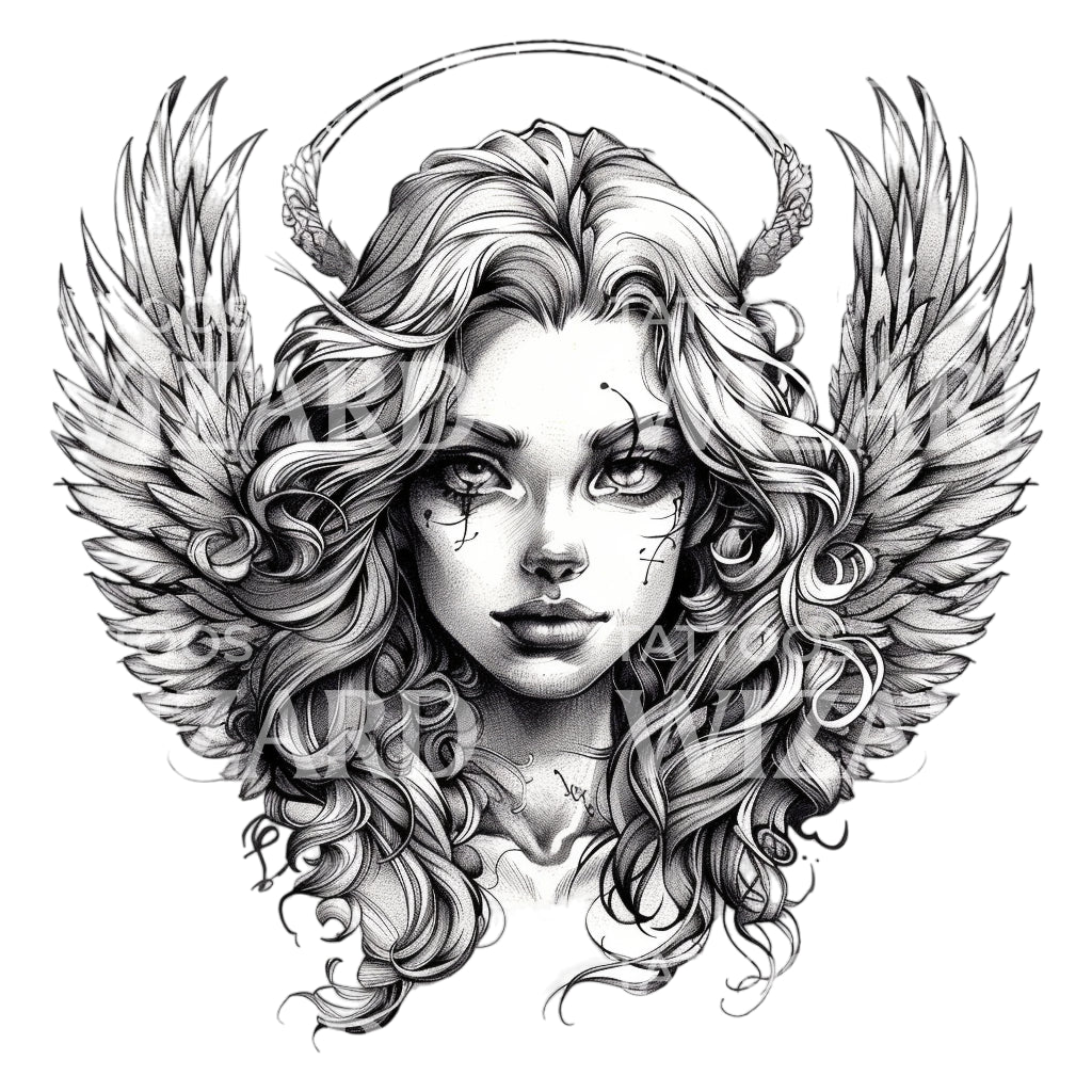 Rebel Angel Portrait Black and Grey Tattoo Design
