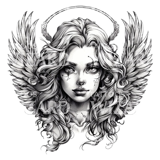Rebel Angel Portrait Black and Grey Tattoo Design