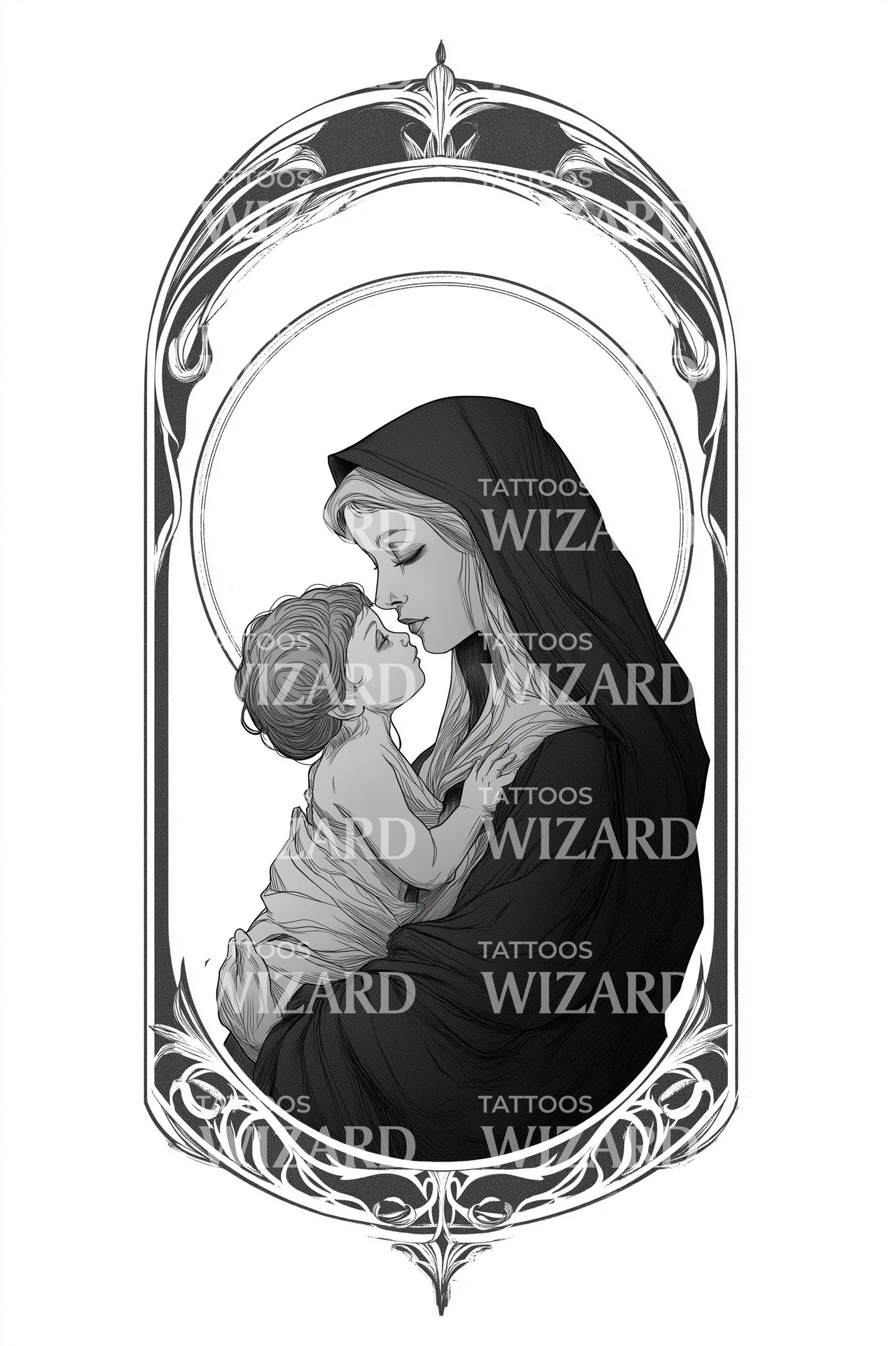 Illustrazione Tatuaggio Abbraccio Madonna con Bambino