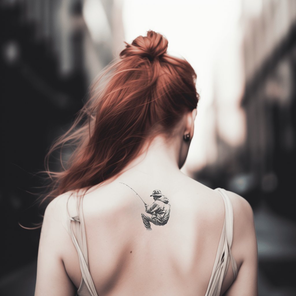 Man Fishing on Rock Tattoo Design