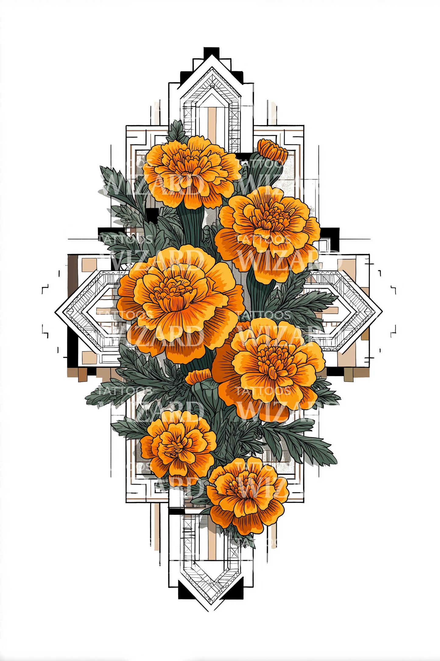 Diseño de tatuaje Art Deco de caléndula