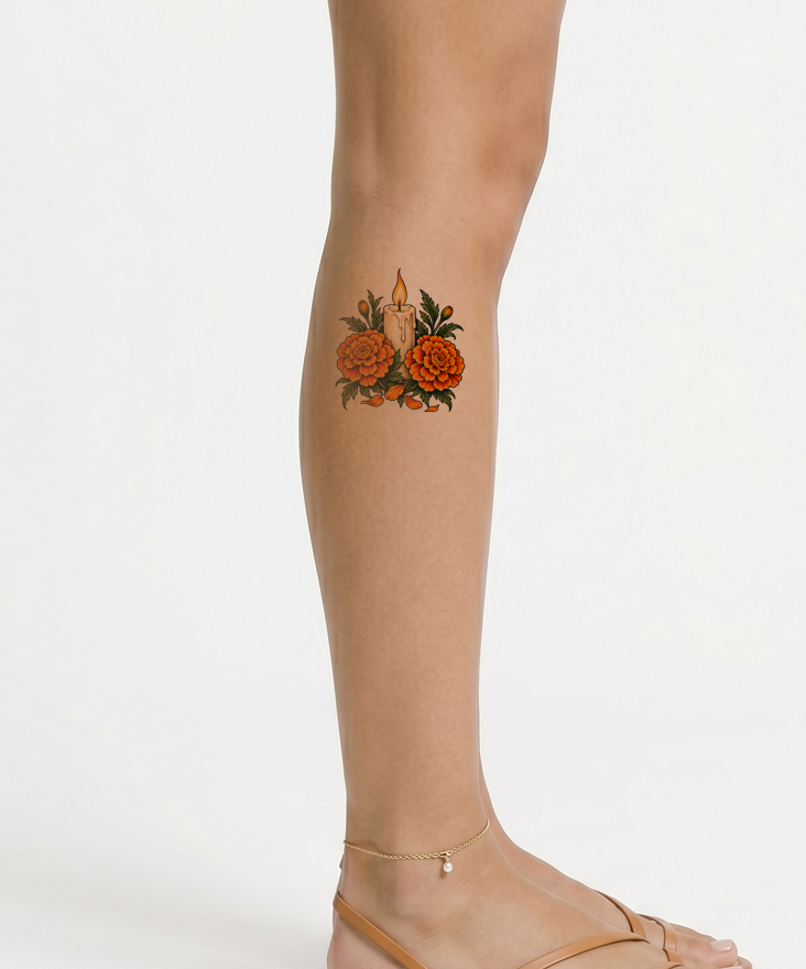Diseño de tatuaje de vela con cempasúchil