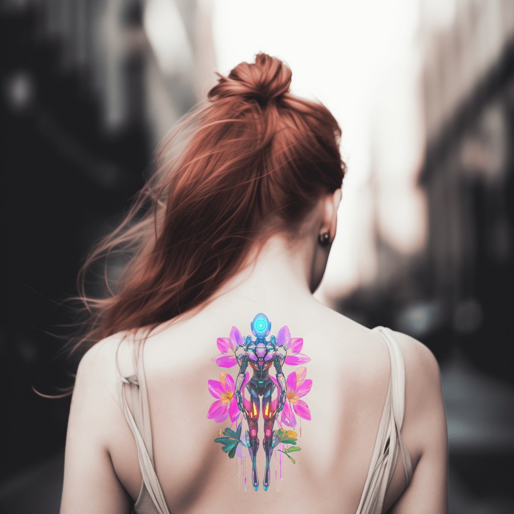 Neon Mech Blossom Tattoo Design